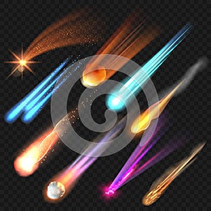 Space stars. Realistic glowing planets meteor vector astronomy collection set