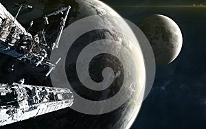 Space station on background of the Earth and the Moon in yellow light of Sun. Solar system. 3D Render