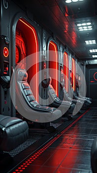 Space station corridor with futuristic red hibernation pods, suitable for themes of space travel and isolation. World