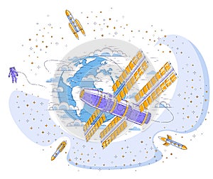 Space station flying orbital flight around earth