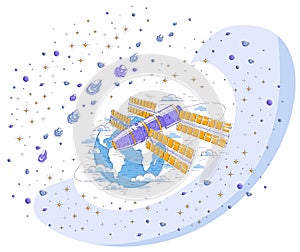 Space station flying orbital flight around earth, spacecraft spaceship iss with solar panels, artificial satellite, with asteroids