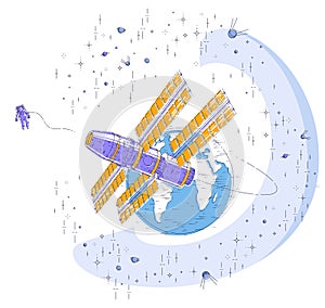 Space station flying orbital flight around earth, spacecraft spaceship iss with solar panels, artificial satellite, surrounded by