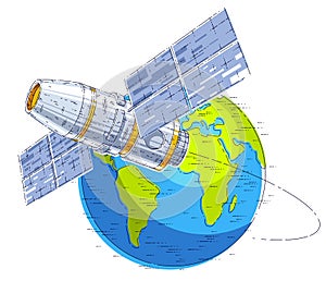 Space station flying orbital spaceflight around earth, spacecraft spaceship iss with solar panels, artificial satellite. Thin lin