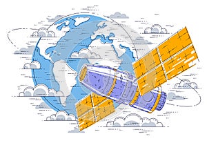 Space station flying orbital spaceflight around earth, spacecraft spaceship iss with solar panels, artificial satellite. Thin line