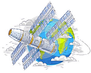 Space station flying orbital spaceflight around earth, spacecraft spaceship iss with solar panels, artificial satellite. Thin line