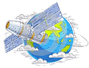 Space station flying orbital spaceflight around earth, spacecraft spaceship iss with solar panels, artificial satellite. Thin line