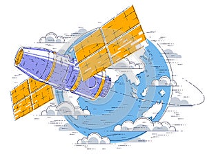 Space station flying orbital spaceflight around earth, spacecraft spaceship iss with solar panels, artificial satellite. Thin line