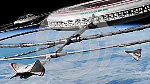 Space station in orbit of planet Earth with docked spaceship 3d science fiction background illustration, elements of this image