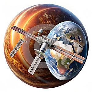 Space station orbiting planet