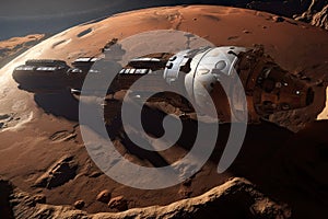 space station orbiting the red planet, with view of the rocky surface and distant stars