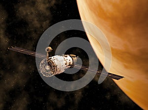 Space Station Orbiting Yellow Planet