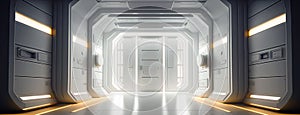 Space station scifi style corridor or hallway, leading to a door. White clean illuminated walls, ultra modern sci-fi design.