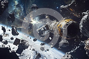 Space station surrounded by asteroids in a distant galaxy