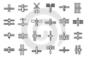 Space station system icons set, outline style