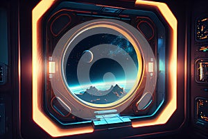 Space station window view. Spaceship grunge interior with view on planet Earth 3D rendering elements of this image