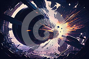 Space stations and futuristic ships flying next to planets and space objects, cosmos backdrop generative AI