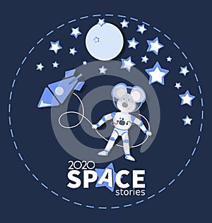 Space stories. Little mouse astronaut in outer space.