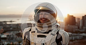 Space, suit and portrait of astronaut in city with smile, future dystopia and planet for discovery. Earth, aerospace