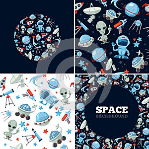 Space symbols bundle. astronaut, alien character moonwalkers rocket planet moon telescope and spiceman