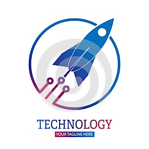 Space technology. The rocket breaks out of the circle. Vector illustration for a logo, sticker, or emblem