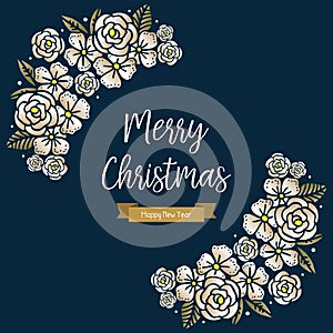 Space for text, banner merry christmas and happy new year, with abstract beautiful leaf floral frame. Vector