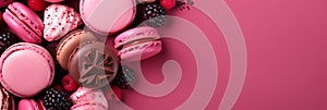 Space for Text. Colorful Macarons Cake on Pink Background. Panoramic Image