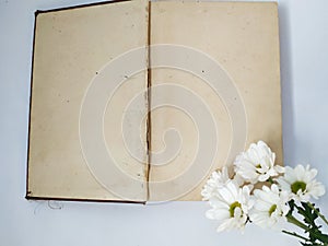 Template white flower on opened old book space for the text on white background