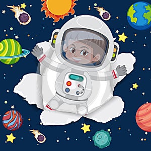 Space theme background with flying astronaut in the space