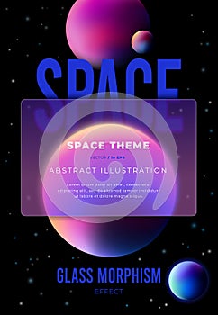 Space Theme in the glassmorphism style. Translucent frosted glass plate and fantastic planets.