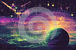 A space-themed background featuring pixelated stars and a digital planet photo
