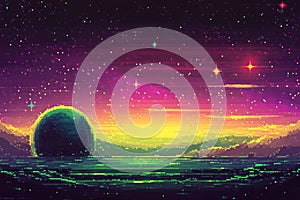 A space-themed background featuring pixelated stars and a digital planet photo