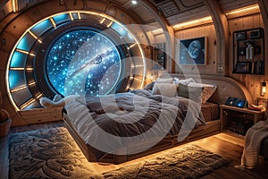 Space-themed bedroom with galaxy murals spaceship bed