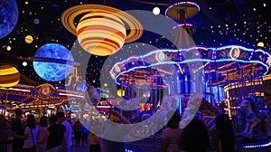 A space themed carnival with planets as carousels . Generative Ai