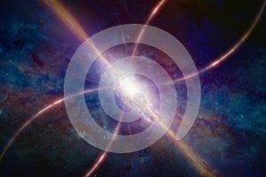 Space-time warping concept, bright quasar in deep space