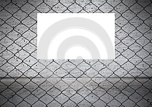 Space to put text on Wire fence with Old white brick wall background