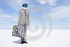 Space Tourist Businessman Traveling on Moon Voyage with Suitcase photo