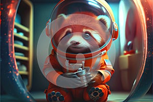 Space tourist explorer Red Panda bear in an orange spacesuit suit