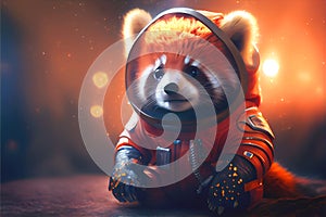 Space tourist explorer Red Panda bear in an orange spacesuit suit