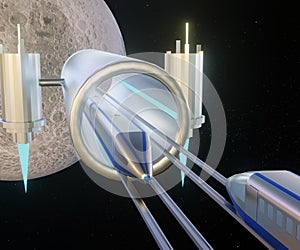 space train, interplanetary transportation with railway connected planet earth to the moon