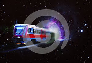 Space train, satellite and Orion nebula.