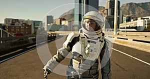 Space, travel and astronaut in city with gravity, future dystopia and planet for discovery. Earth, aerospace mission and