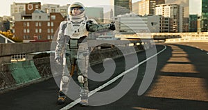 Space, travel and astronaut in city with hitchhiker, future dystopia and planet for discovery. Earth, aerospace mission