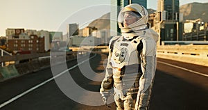 Space, travel and astronaut in city with street, future dystopia and planet for discovery. Earth, aerospace mission and