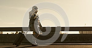 Space, travel and astronaut in new city with suit, future dystopia and planet for discovery. Earth, aerospace and person