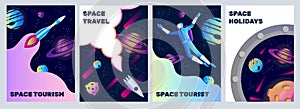 Space travel. Galaxy exploration. Cosmic tourism. Spaceships and planets. Universe posters set. Astronaut child