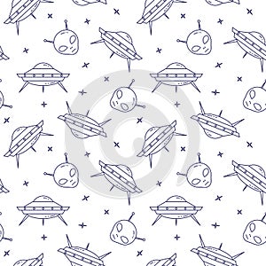 Space travel line icons. Elements of ufo, alien. Seamless pattern. Concept for website, card, infographic, advertise wallpaper wra