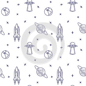 Space travel line icons. Elements of ufo, comet, planet, satellite. Seamless pattern.