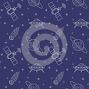Space travel line icons. Elements of ufo, comet, planet, satellite. Seamless pattern.