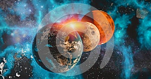 Space travel the solar system Earth, Moon and Mars  planet concept over galactic background  Earth, Moon and Mars and Milky Way