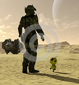 Space traveler with a small robot exploring a new planet